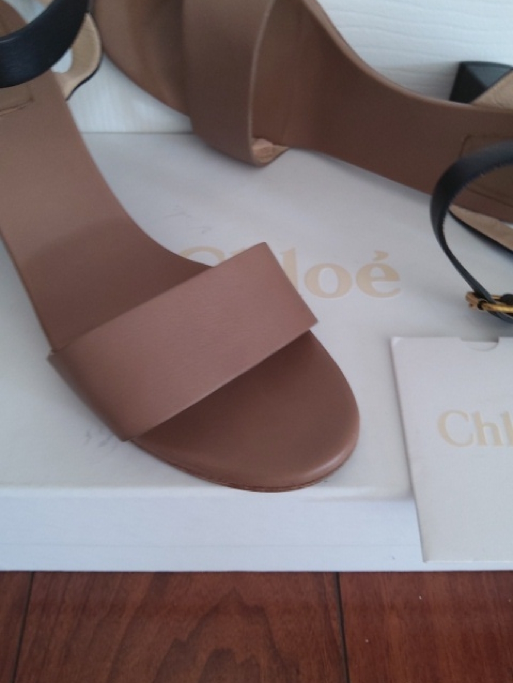 CHLOE Open Toe Taupe & Black Heeled Shoes - Picture 2 of 7